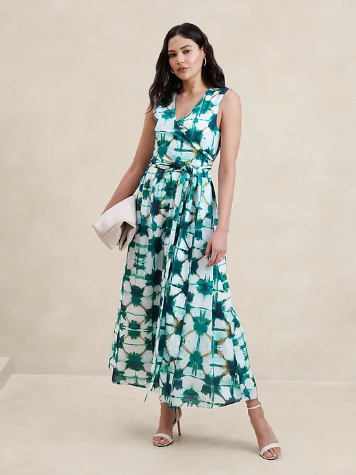 Euc Banana Republic Voile Wrap-Waist Maxi Dress In Green Tie Dye Size 2p